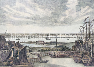 Blick vom Baumwall / Baumhaus auf den Hamburger Binnenhafen; lks. vorn das Kehrwieder in der Bildmitte die Bastion Höltenwam / Sandtor. (ca. 1770)