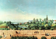 Blick über den Hamburger Stadtgraben  zur Alster, re. der Kirchturm von der Dreieinigkeits Kirche in  St. Georg (ca. 1850).