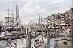 Kolorierte historische Ansicht vom Jonashafen / Niederhafen in der Neustadt Hamburgs; re. Gebäude an den Vorsetzten / Stubbenhuk / Johannisbollwerk.