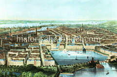 Historische Luftansicht von der Hamburger Neustadt, Altstadt und Binnenalster um 1850 - im Hintergrund die Elbe.