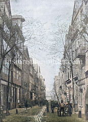 Historische Ansicht der Straße Bei den Mühren in der Hamburger Altstadt; die Wohnhäuser lks. liegen zum Binnenhafen und wurden zur Errichtung des Zollkanals abgerissen.