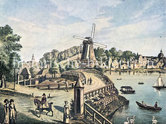 Historische Ansicht der Lombardsbrück über die Alster - im Hintergrund Häuser am ehem. Holzdamm und lks. St. Georg. (ca. 1820)