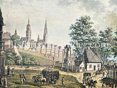 Torwärterhaus vom Steintor, Hamburger Stadtbefestigung um 1790; im Hintergrund die Kirchtürme von Hamburg.