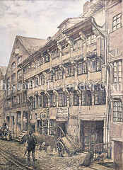Historische Gebäude, Kaufmannshäuser / Fachwerkhaus mit Schnitzerei in der Straße Herrlichkeit in der Hamburger Altstadt.