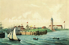 Historische Ansicht der Hafeneinfahrt von Cuxhaven; re. der Leuchtturm der Stadt. (ca. 1860)