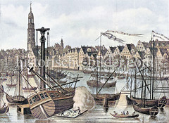 Historische Ansicht vom Binnenhafen in der Hamburger Altstadt; ein Holzschiff ist mit Hilfe eines Krans auf die Seite gelegt; die Fugen werden mit Werg und Teer abgedichtet (kalfatern).