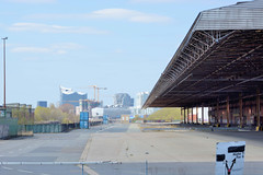 Bilder aus dem Kleinen Grasbrook, Stadtteil in Hamburg -  Übersee Zentrum; überdachte Lagerrampe - im Hintergrund die Architektur der Hafencity.