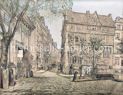 Blick in die Straße Cremon in der Hamburger Altstadt; lks. die alte Waage - re. die Straße Beim Neuen Krahn.