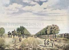 Allee hinter dem Steintor am Besenbinderhof / Beim Strohaus im Hamburger Vorort St. Georg. (ca. 1780)