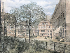 Alte Ansicht vom Katharinen Kirchhof in der Hamburg Altstadt - in der Bildmitte Häuser in der Straße Grimm.