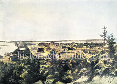 Historisches Panorama von Geesthacht an der Elbe, ca. 1840.