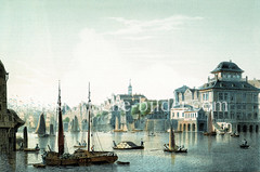 Historische Ansicht vom Baumwall in der Hamburger Neustadt - im Hintergrund der Niederhafen / Jonashafen, ca. 1855.