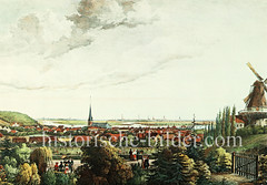 Historisches Panorama von Harburg an der Elbe, ca. 1840 - im Hintergrund die Kirchtürme der Hansestadt Hamburg.