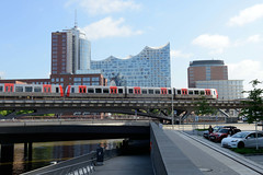 Fotos aus dem Hamburger Stadtteil Neustadt, Bezirk Hamburg Mitte; Blick über das Nikolaifleet zum Hochbahn Viadukt, dahinter die ElbPhilharmonie.