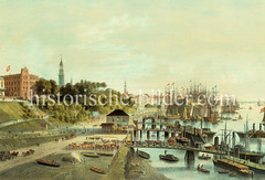 Historische Ansicht von den Landungsbrücken - eine Rinderherde wird entladen; im Hintergrund Kirchttürme Hamburgs und Segelschiffe im Jonashafen / Niederhafen. (ca. 1865)