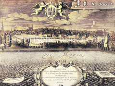 Blick über die Alster zur Reesendammbrücke; re. der Jungfernstieg - im Hintergrund die Bleichen und Kirchtürme / Windmühlen der Stadt (ca. 1665).