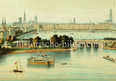 Historisches Panorama der Hansestadt Hamburg - Blick über die Aussenalster, Lombardsbrücke und Binnenalster. (ca. 1860)