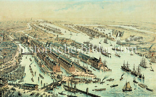 Luftdarstellung des Hamburger Freihafengebiets und der Speicherstadt, ca. 1888.