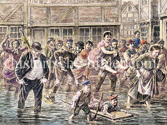 Hochwasser in der Hansestadt Hamburg - die Straßen am Elbrand stehen unter Wasser, die Menschen waten durch die Straßen, ca. 1880.