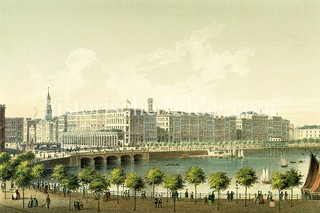 Blick über den Alsterdamm / Binnenalster zu den Alsterarkaden und dem Jungfernstieg in der Hamburger Neustadt, ca. 1853.