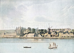 Alsterufer bei Hamburg Hohenfelde / Uhlenhorst ca. 1850 - Blick auf das Sechslingstor und die Straße An der Alster.