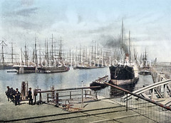 Altes Hafenbild aus dem Hamburger Segelschiffhafen. Blick in den Segelschiffhafen ca. 1890; dicht gedrängt liegen die Segelschiffe mit den hohen Masten am Kai oder an festgetäut an den Duckdalben auf Reede. Links der Amerikakai und rechts der Asi