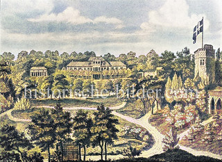 Historische Gartenanlage des Hof-Agenten A. C. Becker in Altona / Ottensen ca. 1800 - Badehaus, Gewächshaus, Turm und Rentiere.