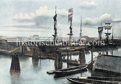 Der alte Hamburger Petroleumhafen ( ca. 1890); er lag im Areal des späteren Südwesthafens - das Hafenbecken für die gefährliche Ladung wurde um 1875 angelegt. Zwei Frachtsegler liegen am Kai - im Vordergrund Ruderboote aus Holz.