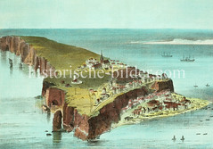 Historische Luftansicht der Insel Helgoland, ca. 1860.