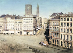 Blick von der Großen Johannisstraße zur Kirchturmruine der Hamburger St. Petrikirche, dahinter der Turm St. Jacobi (ca. 1860).