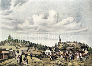 Anlegestelle der Fährverbindung nach Harburg am Jonas - re. die Anhöhe vom Stintfang, lks. das ehem. Hornwerk / Verteidigungsanlage Hamburgs (ca. 1825). Pferdedroschken warten auf Passagiere - zwischen den Elbhöhen der Kirchturm der St. Michaelis