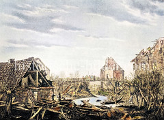 Deichbruch vom Stadtdeich in Hamburg Hammerbrook, Sturmflut 1825; Verwüstung - zerstörte Boote, Hausruinen.