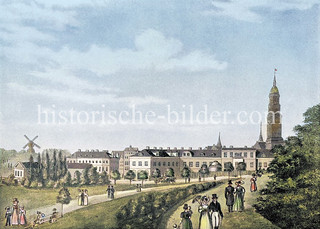 Grünanlage, ehem. Wallanlage in der Hamburger Neustadt; Blick beim Altonaer Tor zum Zeughausmarkt - lks. die Millerntorwache und die Windmühle auf der ehem. Henricus Bastion (ca. 1850).