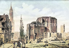 Ruine der St. Gertrud-Kapelle in der Hamburger Altstadt nach dem Brand von 1842 - die Kapelle wurde1391 errichtet; das zerstörte Gebäude wurde 1847 abgetragen und der Kirchhof zum Kinderspielplatz umgewandelt.