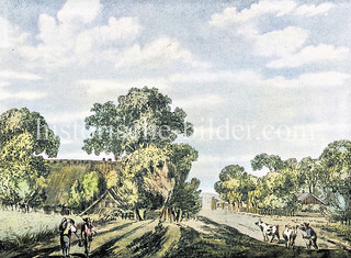 Ländliche Umgebung mit Bauernhaus, Feldern und Kühen am Lübscher Baum (Lübecker Schlagbaum) beim Landwehr, ca. 1800.