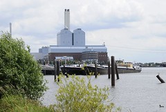 Am Ufer der Billwerder Bucht wachsen am Ausschläger Elbdeich Weiden. Am Liegeplatz haben die Binnenschiffe Mo-Bay und Michael B. fest gemacht. Die Mo-Bay ist ein Stück- und Schüttgutschiff und 1953 erbaut.