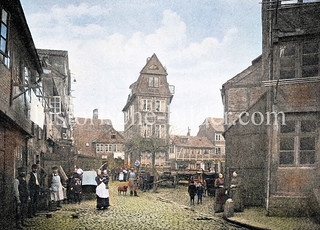 Historische Ansicht vom Bohnsplatz an der Ellertorsbrücke / Neuer Wall am Bleichenfleet in der Hamburger Neustadt, ca. 1875.