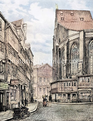 Blick durch die Neue Gröninger Straße zum Kirchenschiff der St. Catharinen-Kirche und der dortigen Apotheke - im Hintergrund ein Gebäude am späteren Zollkanal (ca. 1885)