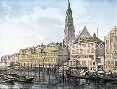 Blick über den Zollkanal zu den 1888 abgerissenen Speichergebäuden der Hamburger Altstadt - im Hintergrund die St. Katharinenkirche.