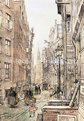 Historische Ansicht von der Straße Dovenfleet in der Hamburger Altstadt; diese Straße war teilw. nur 5 m breite - in der Straßenmitte der  Rinnstein für Abwasser - Abriss um 1884,