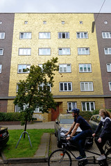 Fotos aus dem Hamburger Stadtteil Veddel - Bezirk Hamburg Mitte; Backsteinhaus mit vergoldeter Fassade in der Straße Sieldeich - Werk Boran Burchhardt.