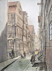 Historische Ansicht von der Reimerstwiete in der Hamburger Altstadt - Blick zu Speichergebäuden am späteren Zollkanal - abgerissen um 1884. Handkarren stehen auf der Straße Arbeiter tragen Kisten und Ballen.