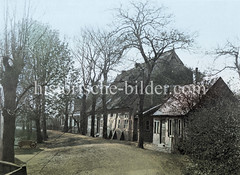 Alte Katen, Fachwerkhaus mit Reetdach am Hammer Deich, Schubkarre und Straßenbäume.