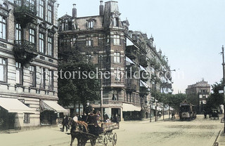 Altes Bild vom Landwehr im Hamburger Stadtteil Hamm; Pferdefuhrwerk und Straßenbahn - Wohnhäuser mit Erkerturm und Gastwirtschaft.