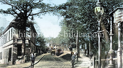Historische Ansicht von der Carl-Petersen-Straße im Hamburger Stadtteil Hamm - Straßenlaterne und Straßenschild - lks. die Hirtenstraße.