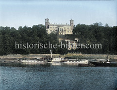 Historische Ansicht von Dresden; Blick über die Elbe zum Albrechts-Schloss bei Loschwitz - Raddampfer Bodenbach.