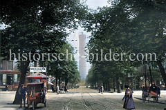Historische Ansicht von der Straße Billhorner Deich in Hamburg Rothenburgsort; Handkarren und dreirädriger Wagen am Straßenrand - im Hintergrund der Wasserturm.