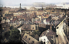 Historische kolorierte Luftansicht von Altona - Blick zur Elbe und den Hamburger  Werftanlagen.