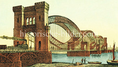 Historische Ansicht der Eisenbahnbrücke über die Elbe zwischen der Veddel und Rothenburgsort in Hamburg, ca. 1875.