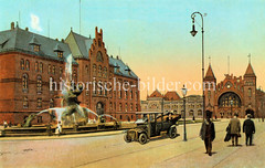 Blick über den Platz der Republik zum Altonaer Hauptbahnhof, ca. 1910 - lks. der Stuhlmannbrunnen, dahinter das Gebäude der Eisenbahndirektion.